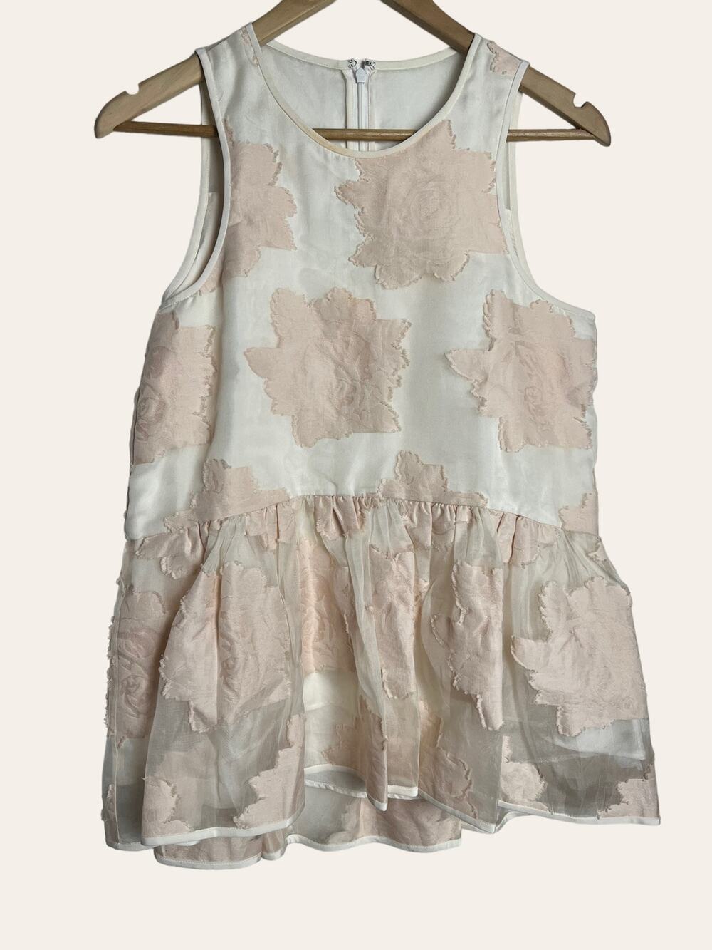 Tibi Pink White Silk Cotton Sleeveless Floral Mesh Preppy Peplum Top Size 2